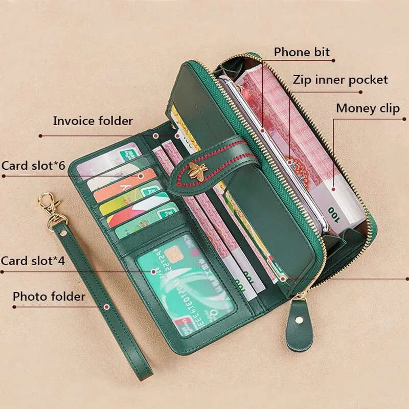 Classic Women's Leather Wallet – Zip-Around Clutch with Coin Pocket & Wrist Strap