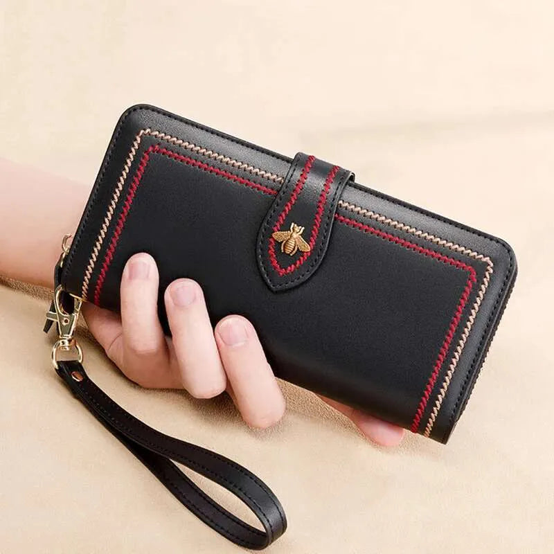 Classic Women's Leather Wallet – Zip-Around Clutch with Coin Pocket & Wrist Strap