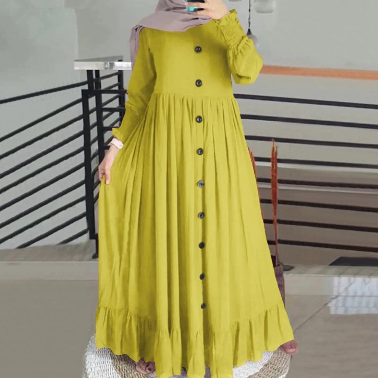 Womens Muslim Button Down Long Sleeve Abaya Dress Casual Dubai Pleated Ruffle Hem Maxi Dress with Pockets | AURA WEARS