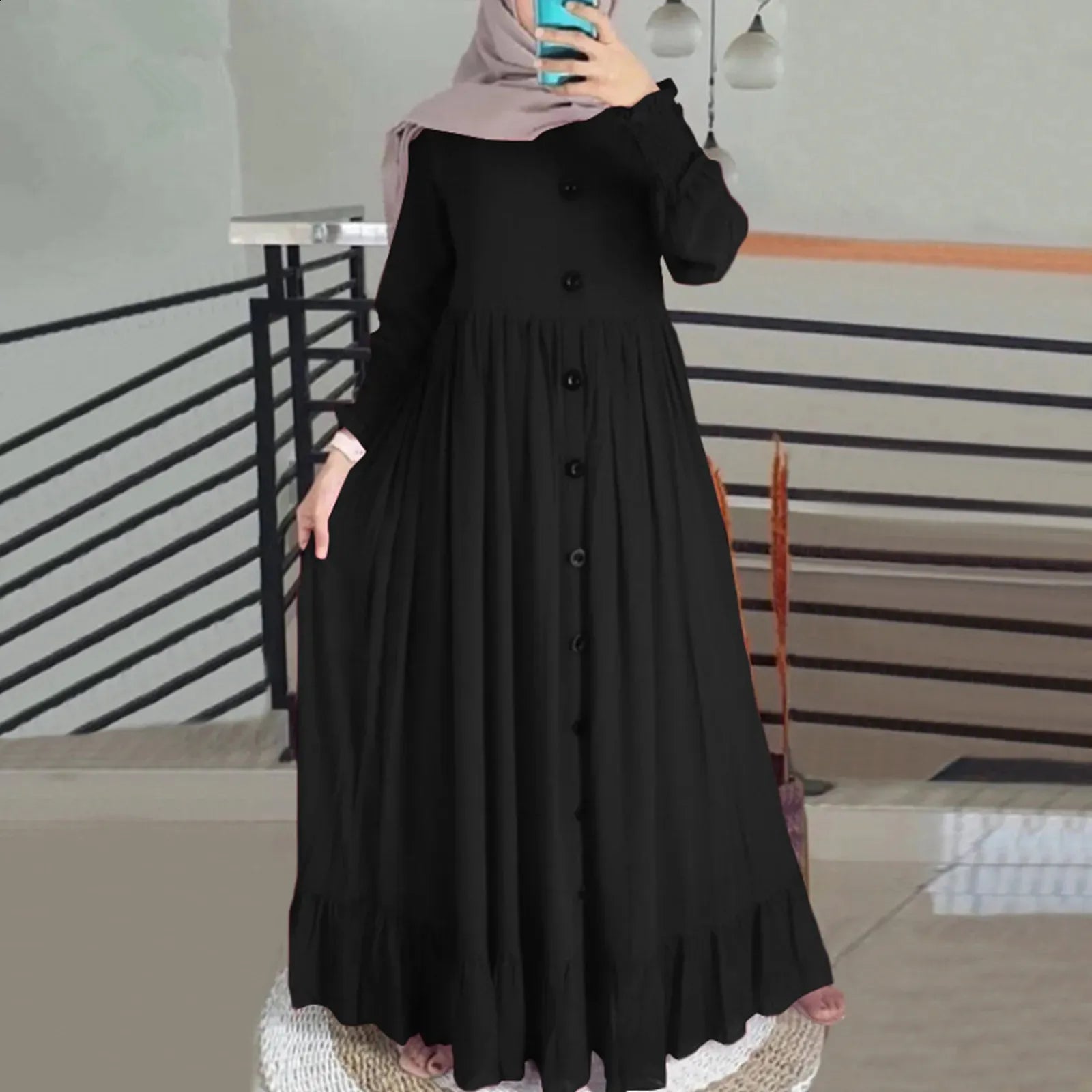 Womens Muslim Button Down Long Sleeve Abaya Dress Casual Dubai Pleated Ruffle Hem Maxi Dress with Pockets | AURA WEARS