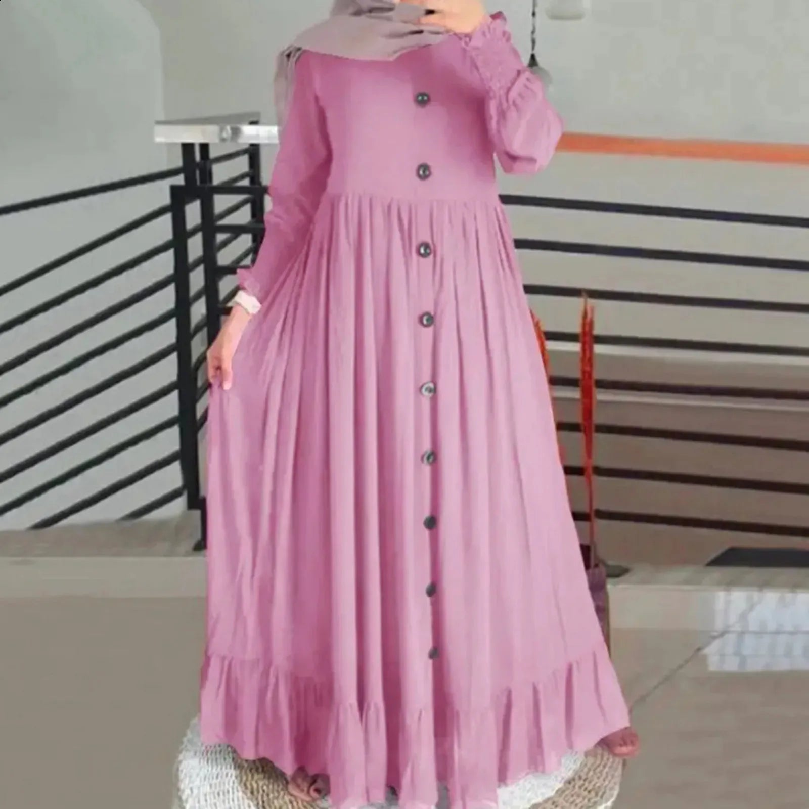 Womens Muslim Button Down Long Sleeve Abaya Dress Casual Dubai Pleated Ruffle Hem Maxi Dress with Pockets | AURA WEARS