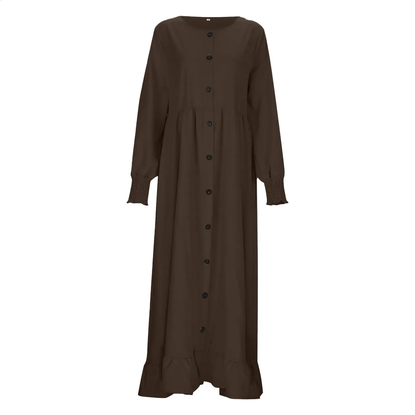 Womens Muslim Button Down Long Sleeve Abaya Dress Casual Dubai Pleated Ruffle Hem Maxi Dress with Pockets | AURA WEARS
