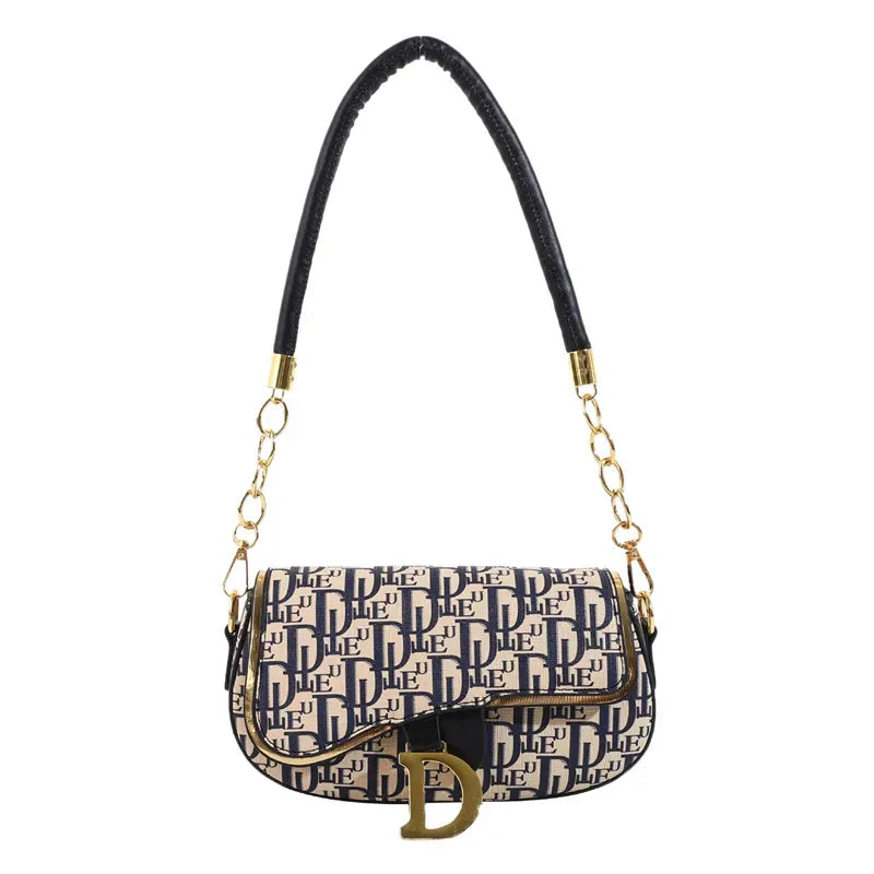 Designer-Inspired Monogram Shoulder Bag with Bold ‘D’ Clasp and Chain Strap