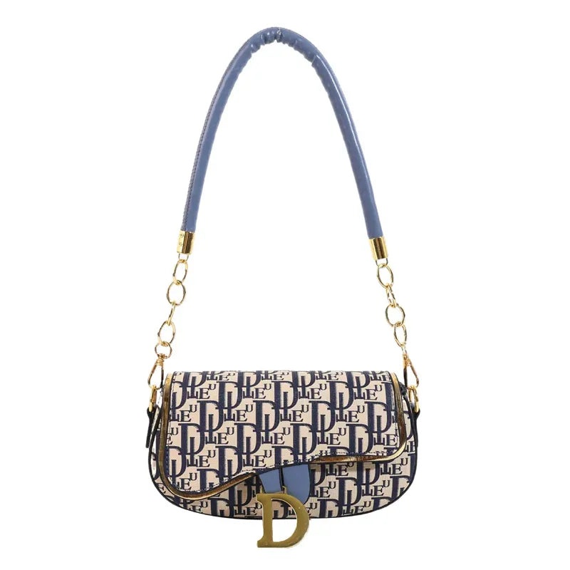 Designer-Inspired Monogram Shoulder Bag with Bold ‘D’ Clasp and Chain Strap