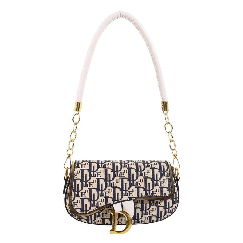 Designer-Inspired Monogram Shoulder Bag with Bold ‘D’ Clasp and Chain Strap