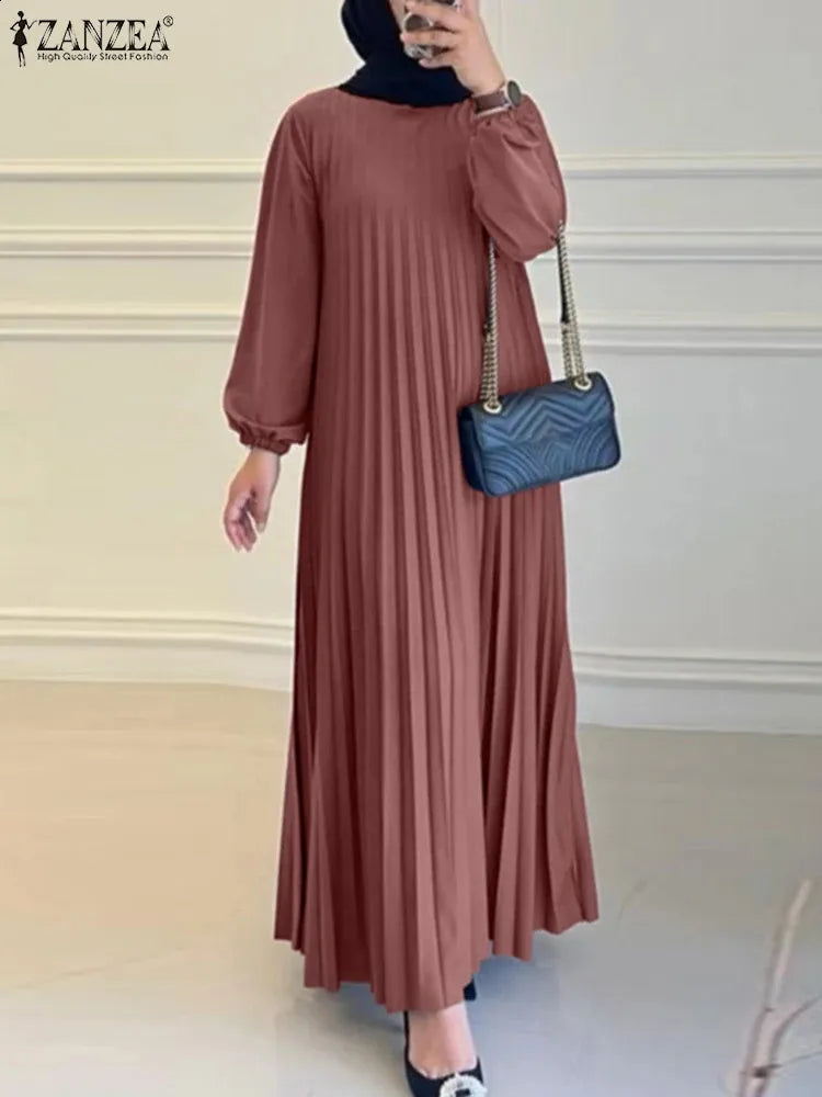 ZANZEA Women Muslim Fashion Crew Neck Long Sleeve Pleated Solid Color A Hem Dresses | AURA WEARS