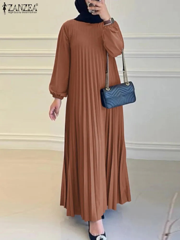 ZANZEA Women Muslim Fashion Crew Neck Long Sleeve Pleated Solid Color A Hem Dresses | AURA WEARS