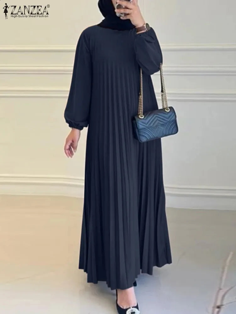 ZANZEA Women Muslim Fashion Crew Neck Long Sleeve Pleated Solid Color A Hem Dresses | AURA WEARS