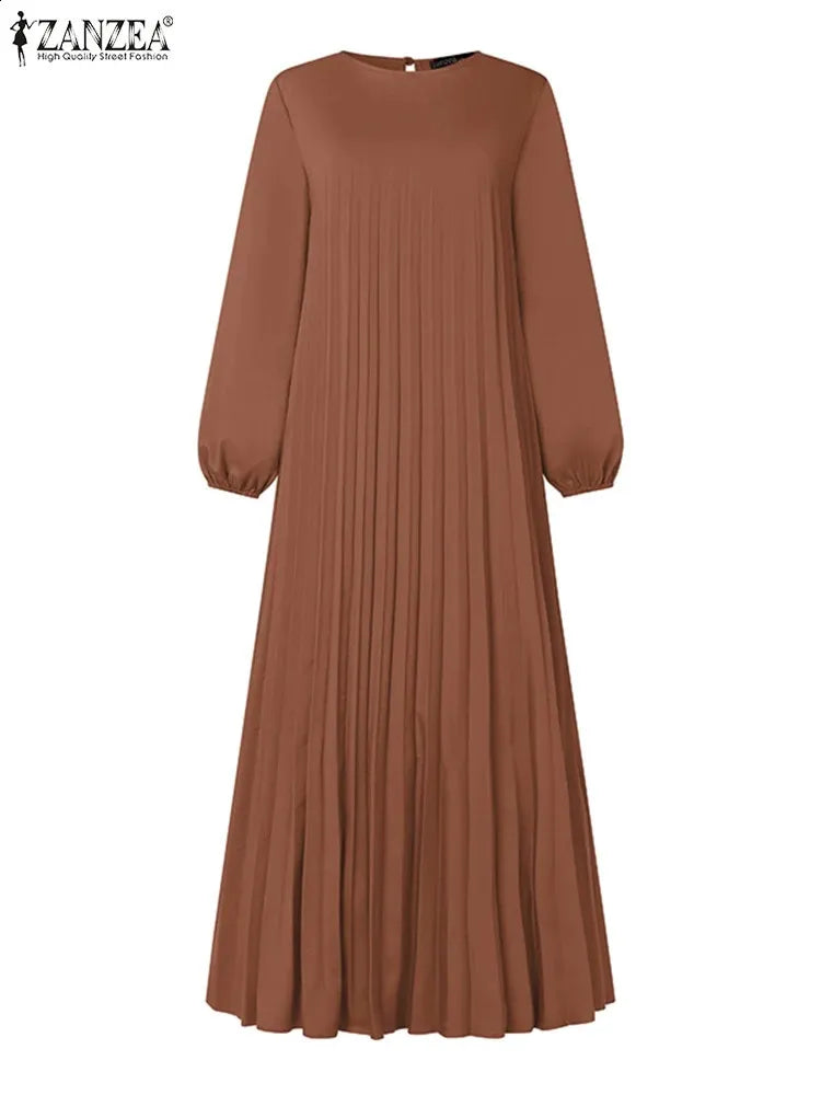 ZANZEA Women Muslim Fashion Crew Neck Long Sleeve Pleated Solid Color A Hem Dresses | AURA WEARS