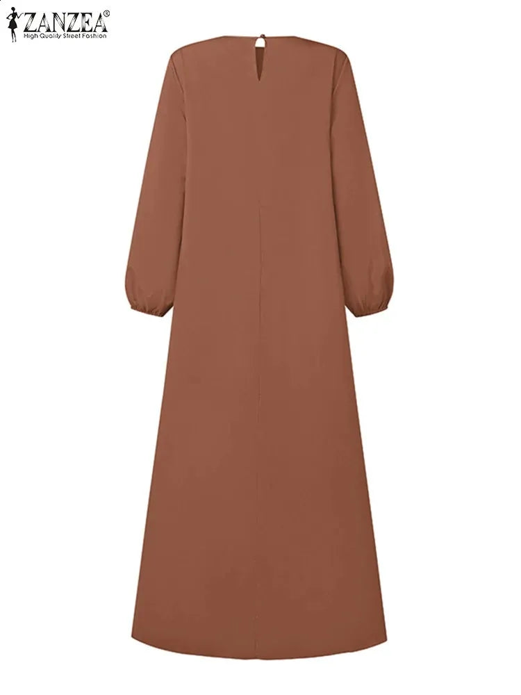 ZANZEA Women Muslim Fashion Crew Neck Long Sleeve Pleated Solid Color A Hem Dresses | AURA WEARS