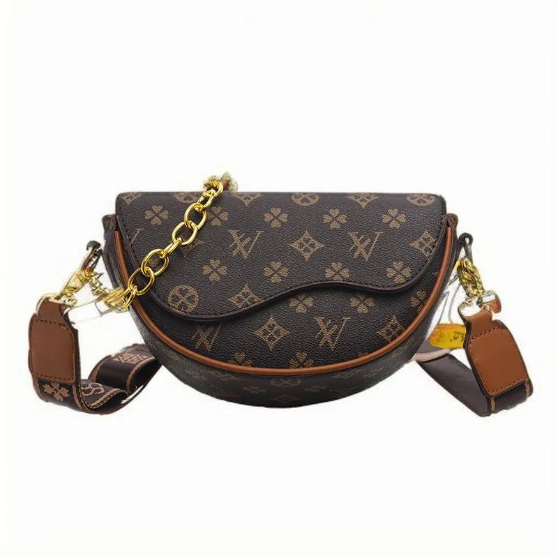 Luxury Designer-Inspired Saddle Bag – Monogram Print Crossbody with Gold Chain & Wide Strap