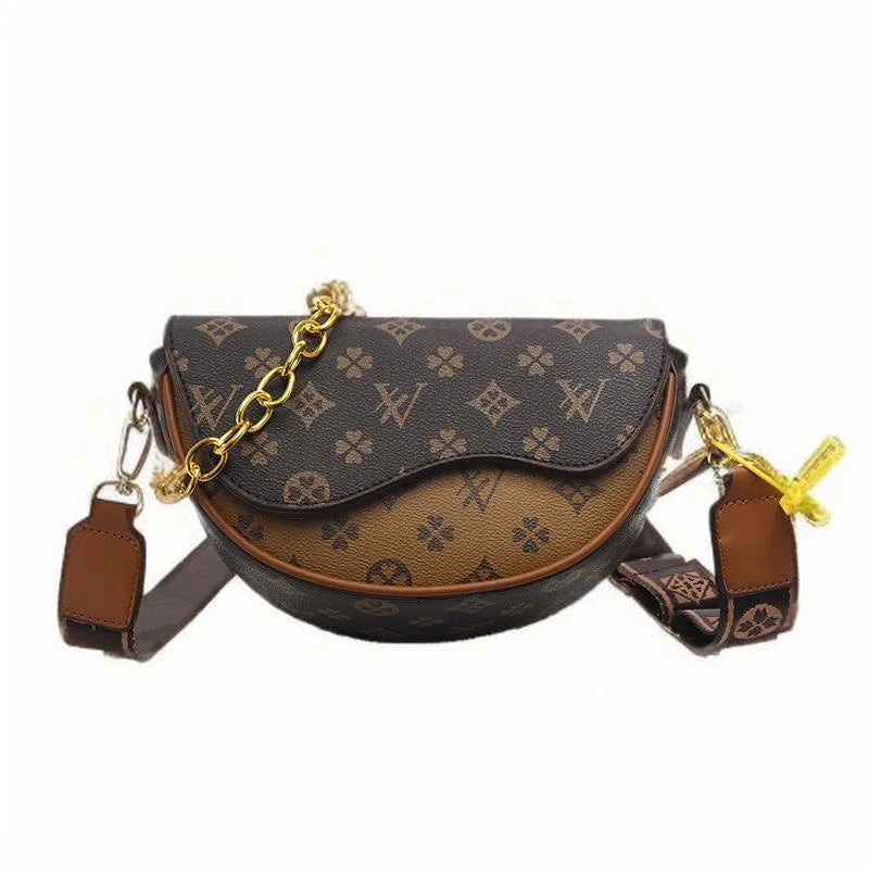 Luxury Designer-Inspired Saddle Bag – Monogram Print Crossbody with Gold Chain & Wide Strap