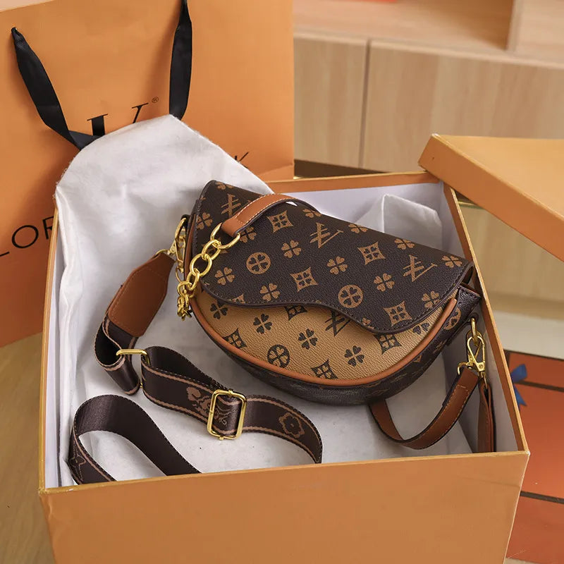 Luxury Designer-Inspired Saddle Bag – Monogram Print Crossbody with Gold Chain & Wide Strap