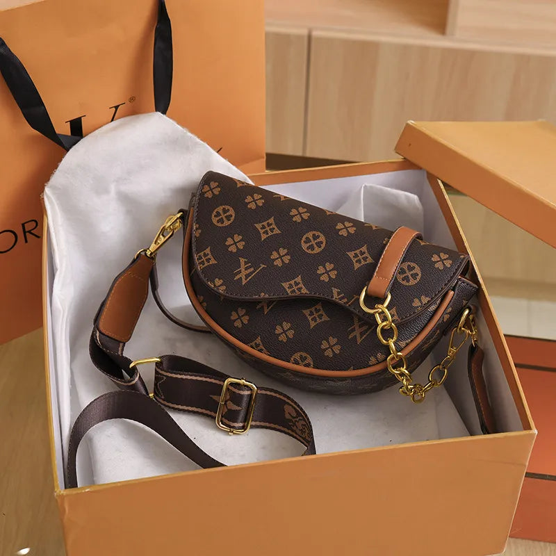 Luxury Designer-Inspired Saddle Bag – Monogram Print Crossbody with Gold Chain & Wide Strap