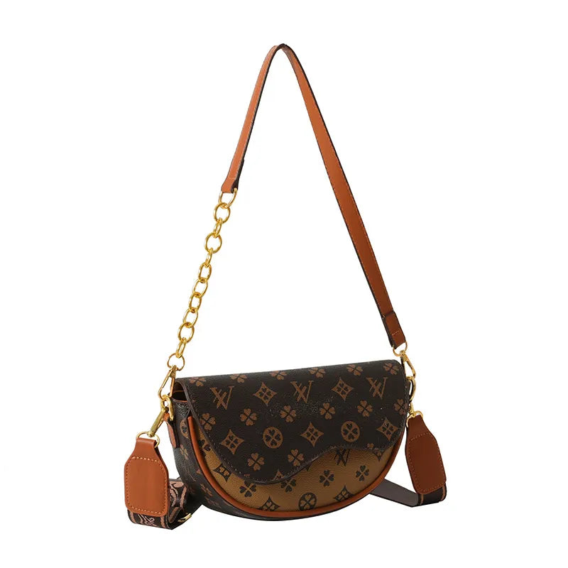 Luxury Designer-Inspired Saddle Bag – Monogram Print Crossbody with Gold Chain & Wide Strap